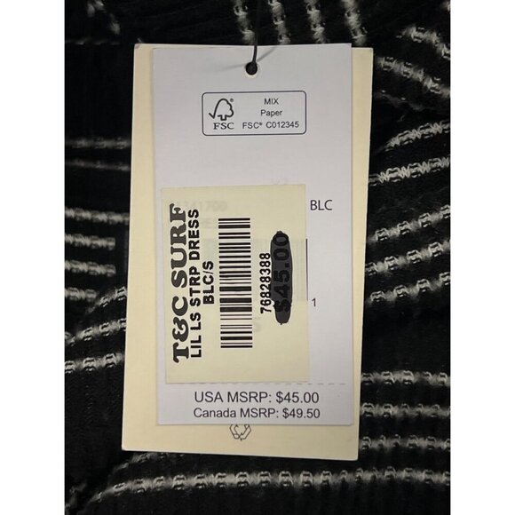 Volcom Stripe Dress Size Small S Long Sleeve Crew Neck Black White Stripe New - Picture 8 of 10